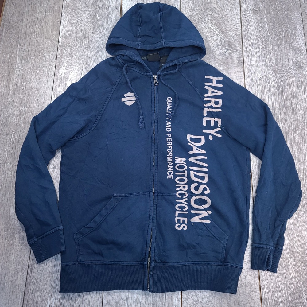 Harley Davidson Full Zip Hoodie Mens Medium Blue Graphic Raglan Sweatshirt